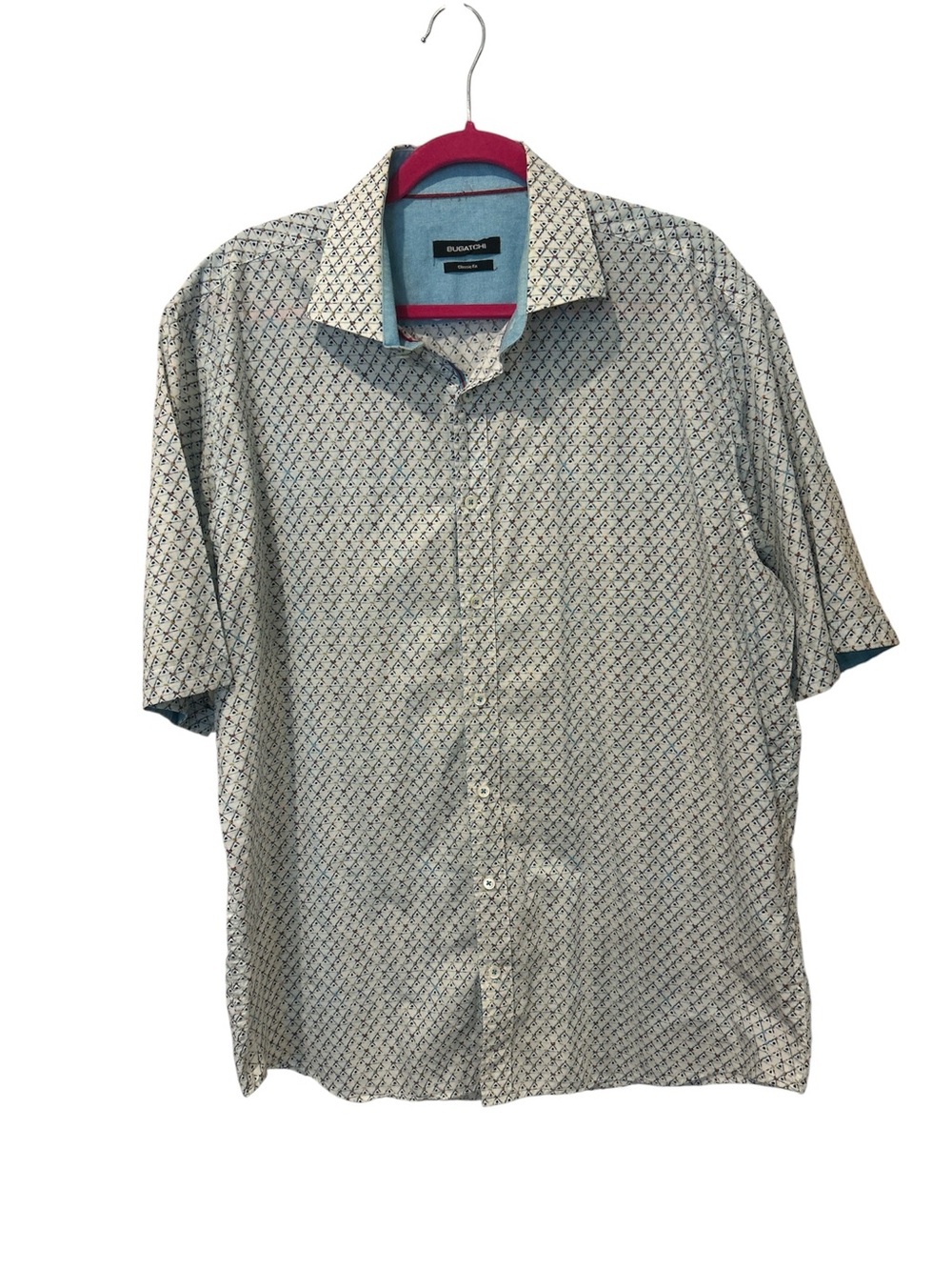 Bugatchi Cotton Short-Sleeve Button-Down Shirt - White with Navy Print XL